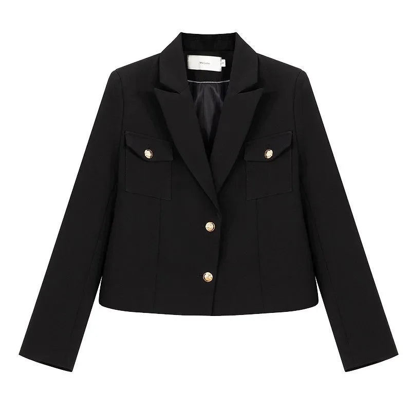 Zoki Casual Black Blazer Coats Women Fashion Slim Long Sleeve Elegant Short Jackets Fall Korean Double Buttons Office Lady Tops