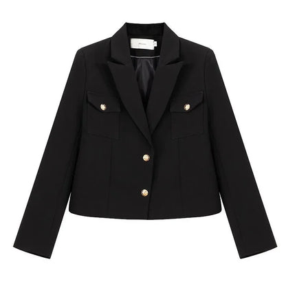 Zoki Casual Black Blazer Coats Women Fashion Slim Long Sleeve Elegant Short Jackets Fall Korean Double Buttons Office Lady Tops