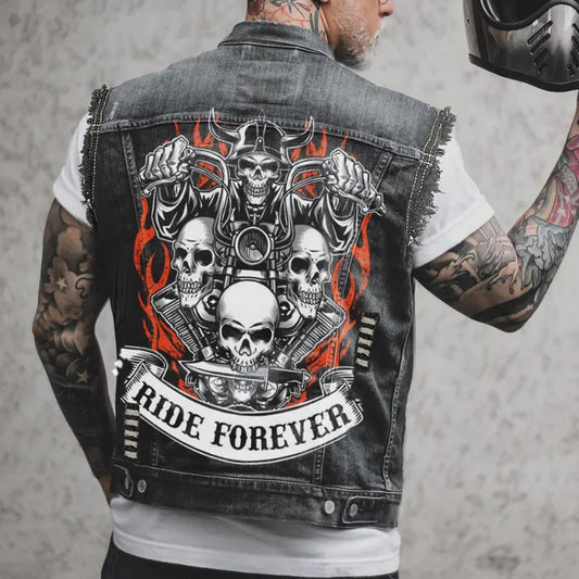 2024 new men's denim jacket retro fashion motorcycle sleeveless denim jacket high street handsome motorcycle vest men's clothing