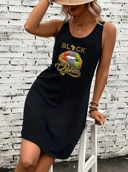 Women's summer loose and comfortable casual lip print letter pattern print black sleeveless vest skirt punk style dress
