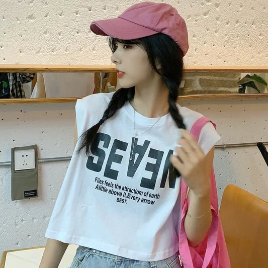 Women Clothing Summer Fashion Casual Letter Solid Color O-neck Female Simplicity Trend Appear Thin Sleeveless Tank Top Cardigan