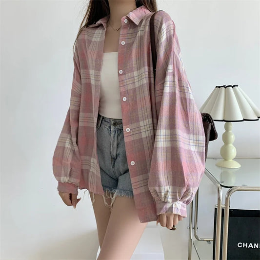 Women Tartan Shirt Long Sleeve Collared Button Up Oversized Plaid Shirt Jacket Grunge Fashion Teenage Girl Spring Summer Outfit