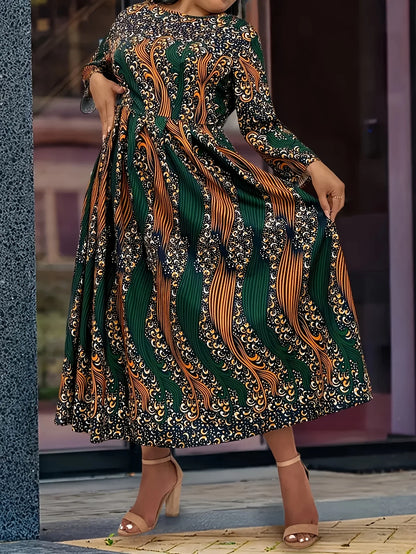 Plus size dress 1XL-5XL African tribal nationality printed large round neck long sleeve A-line skirt elegant fashion holiday