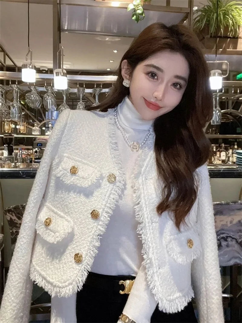 ジャケット 小さな香り ゆったり Vネック 長袖コート 春秋 高級 高級ツイード フレンチホワイト ショートコート レディース