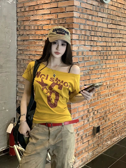 Y2k スポーツ サマー オフショルダー トップ レディース セクシー ヴィンテージ 2000年代 ショートスリーブ Tシャツ レディ ボディ ベーシック クロップトップ 女性 カジュアル