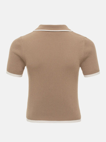 Knit Sweater Pullover Women Short Sleeve Patchwork Slim Lapel Elegant Contrast Knitwear Top Female Skinny Ribbed Pullover