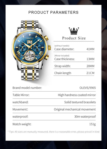 OLEVS 9965 Mechanical Watch for Men Tourbillon Dial Dual Calendar Display Luminous Automatic Mechanical Men's Watch