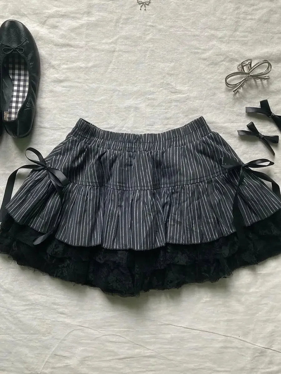パンクY2Kスカート レディース服 ゴス セクシー ロパ エステティック ストライプ ハイウエスト レースリボン ミニスカート グランジ エモガール 2000年代 ショートスカート