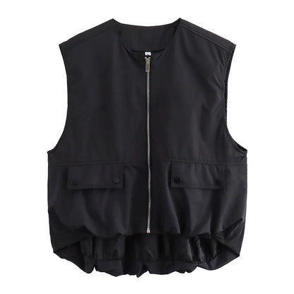 SIYANG Women Fashion Chic Loose Sleeveless Pockets Vests Female O-Neck Pleated Hem Waistcoats Ladies Casual Streetwear