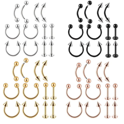 12PC/set Surgical Steel Body Piercing Jewelry Lot Bulk Nose Ring Tongue Bar Lot Eyebrow Labret Piercing Set Horseshoe Ring