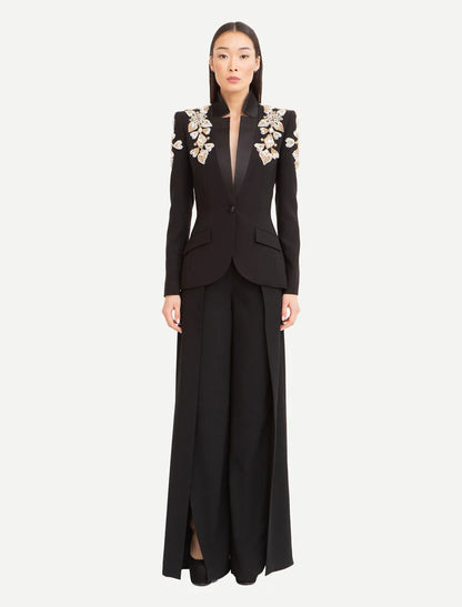HIGH STREET Newest 2024 Designer Suit Women Beaded Diamonds Stand Collar Single Button Blazer Wide-leg Pants Set 2PCS
