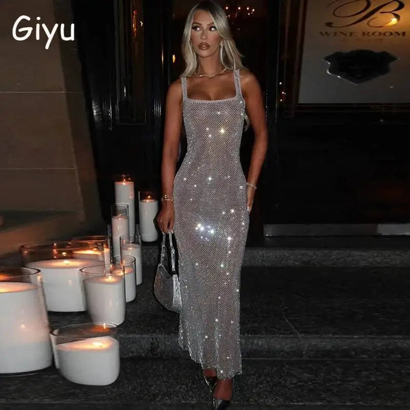 Giyu セクシーなスパンコールメッシュダイヤモンドクラブイブニングパーティードレスレディース2025夏秋ノースリーブバックレスボディコンマキシロングドレス