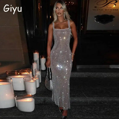 Giyu セクシーなスパンコールメッシュダイヤモンドクラブイブニングパーティードレスレディース2025夏秋ノースリーブバックレスボディコンマキシロングドレス