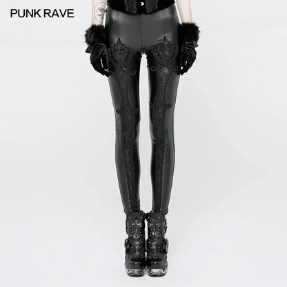 PUNK RAVE ゴシック エラスティックウエスト フラワー刺繍 レザー レギンス ヴィンテージ エンボス メッシュ レース クラブ パーティー セクシー レディースパンツ
