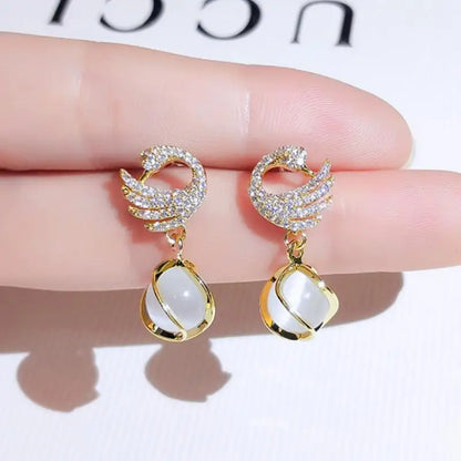 925 Silver Needle Hollow Crystal Swan Earrings For Women Korean Jewelry 2025 Trending New Luxury Animal Pearl Stud Earrings Gift