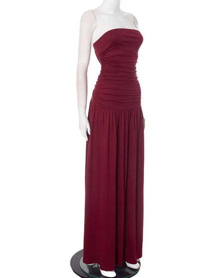 Mozision Off-shoulder Strapless Pleated Sexy Maxi Dress Women Fashion Backless Sleeveless High Waist Ruched Long Dress Elegant