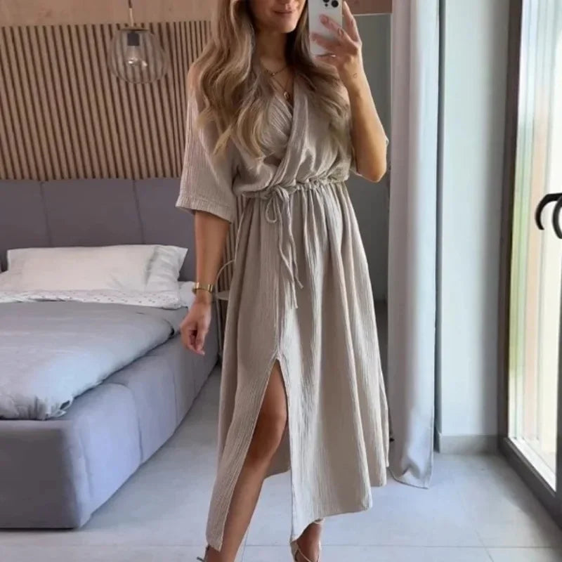 Elegant Party Dresses Women 100% Cotton Muslin Gauze Holiday Beach Casual Corset Waistband Ladies Robe Loose Soild Sundress