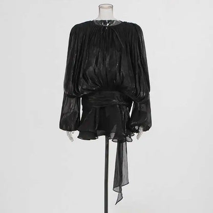 TWOTWINSTYLE Solid Blouse Mini Dresses For Women V Neck Long Sleeve Spliced Lace Up Sweet Style Dress Female Clothing Fashion