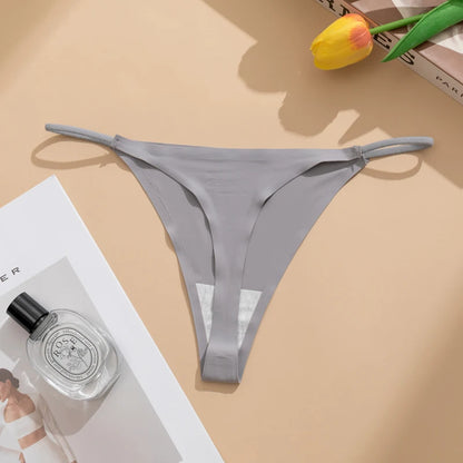 Women's Sexy Lightweight Ice Silk Seamless Knit Thong with Thin Straps - No Show Panty Underwear Lingerie Intimate Apparel