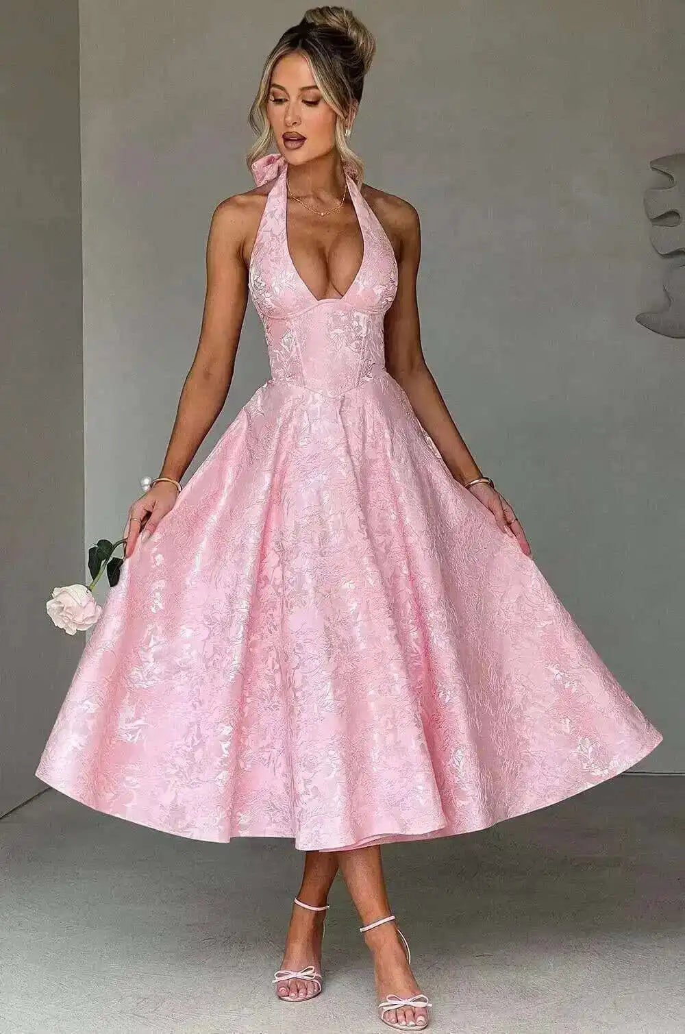 Giyu Club Evening Party Dresses Women 2025 Summer Sexy Bow Halter Long Dress Elegant Jacquard Lace Up Backless Birthday Robe