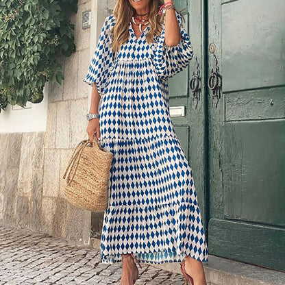 Women's Summer Casual Fashion Geometric Print Neckline Lace-up Bubble Middle-sleeves Ruffle Stitching Big Swing Long Losse Dress