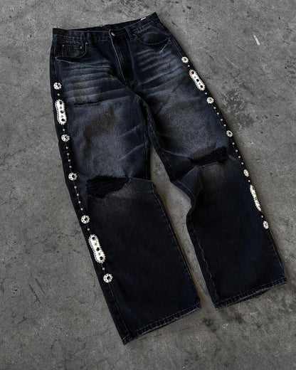 メンズ レディース チェリーブロッサムナイト オール刺繍 デニムパンツ Y2K ヴィンテージ バギー ストリート ストレートジーンズ ハイウエスト ウォッシュ加工 ブルージーンズ