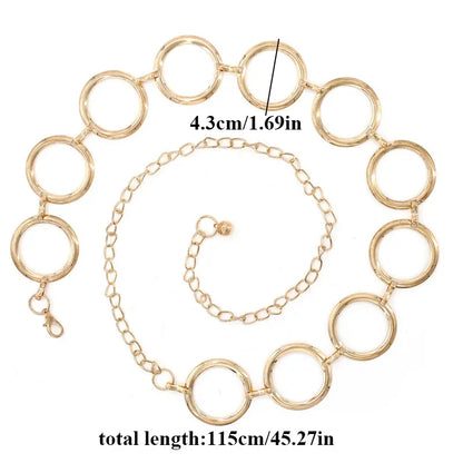 Simple Alloy Large Round Ring Waist Belt Fringes Ring Waist Chain Women Circle Metal Chain Belt Geometric Long Hollow Waistband