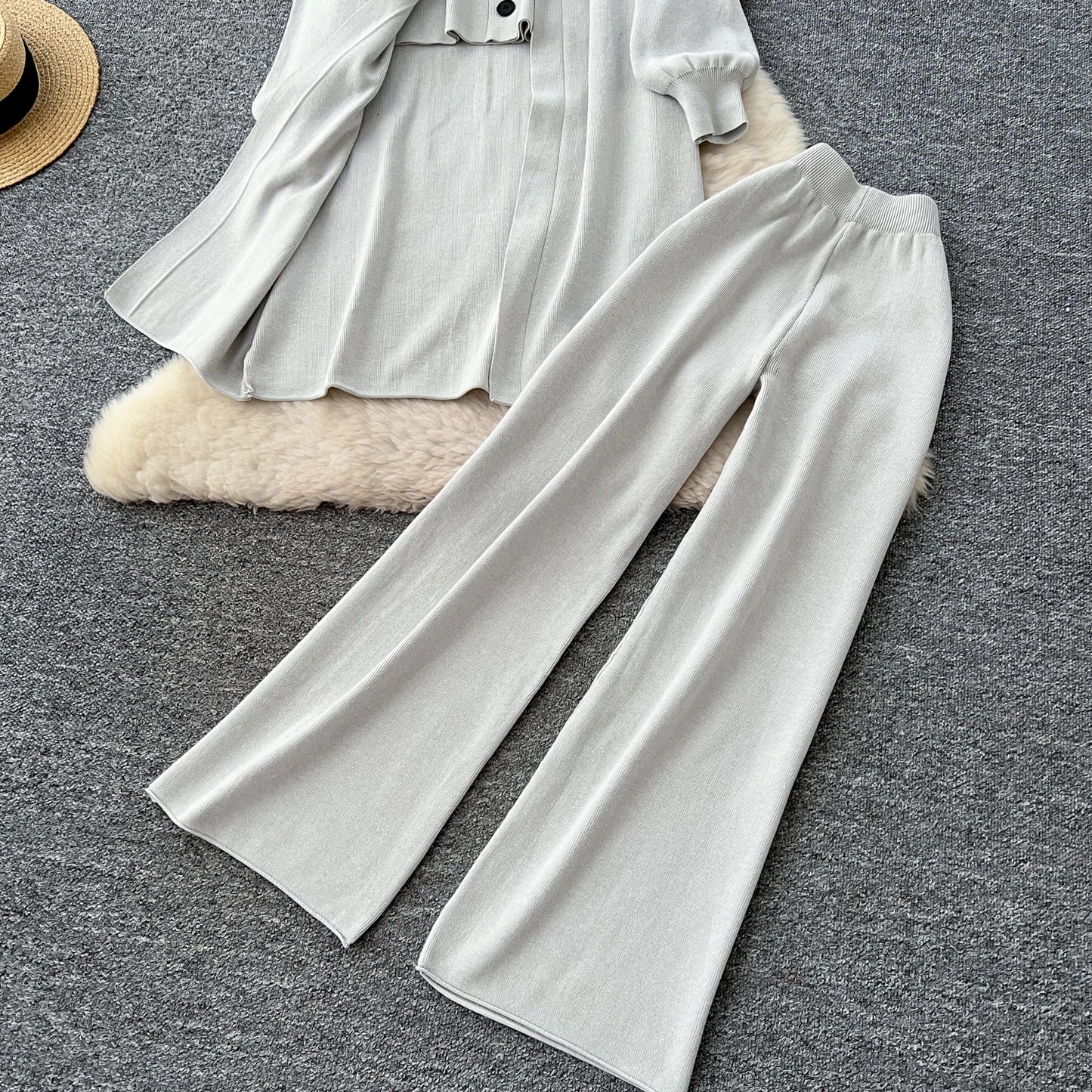 SINGREINY Autumn Knitted Warm Suits V Neck Buttons Vest+Full Sleeve Long Cardigans+Wide Legs Pants Women Solid Three Pieces Sets