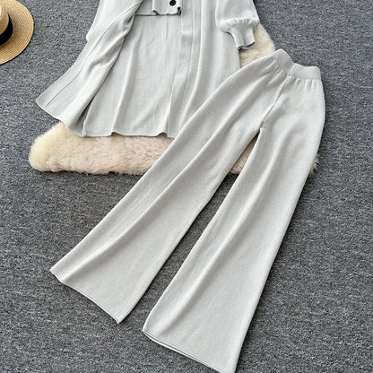 SINGREINY Autumn Knitted Warm Suits V Neck Buttons Vest+Full Sleeve Long Cardigans+Wide Legs Pants Women Solid Three Pieces Sets