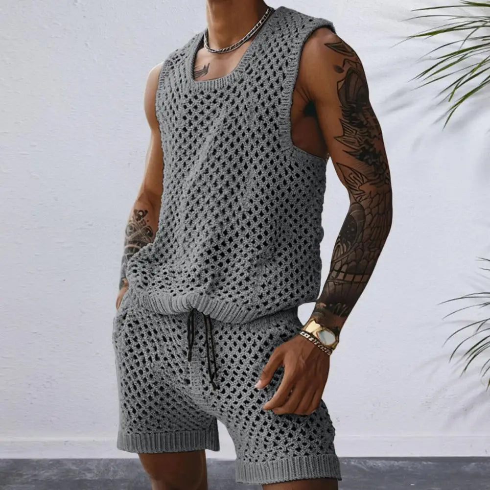 Vest Shorts Set Men's Casual Sleeveless Knit Top Drawstring Shorts Set for Daily Wear Elastic Waist Wide Leg Shorts for Men's