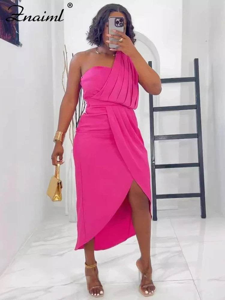 Znaiml Elegant Yellow Wedding Party Dresses Women One Shoulder Sleeveless Ruched Split Bodycon Evening Prom Birthday Gown Robe