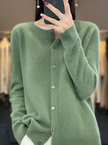 New Fashion Spring 100% Merino Wool Womens O-neck Cardigan Cashmere Sweater 2024 Female Clothing Grace Knitwear Korean Tops