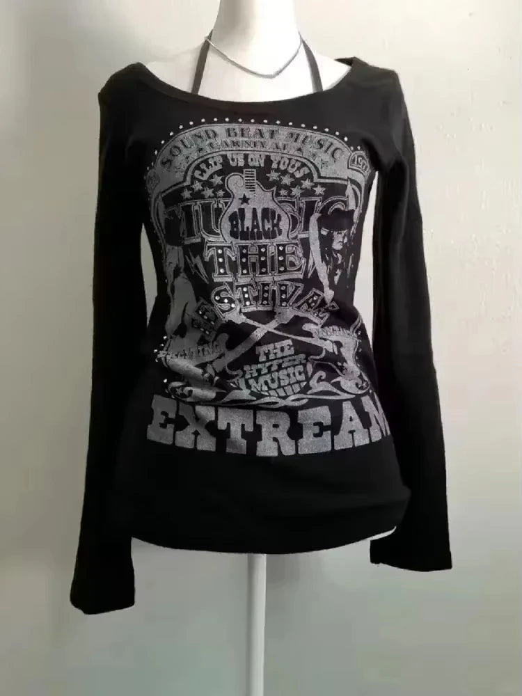 Vintage Clothes Women Print Sexy Punk Streetwear Slim Femme Tees Shirt Gothic Casual Grunge T Shirts 2000s Emo Y2k Crop Top