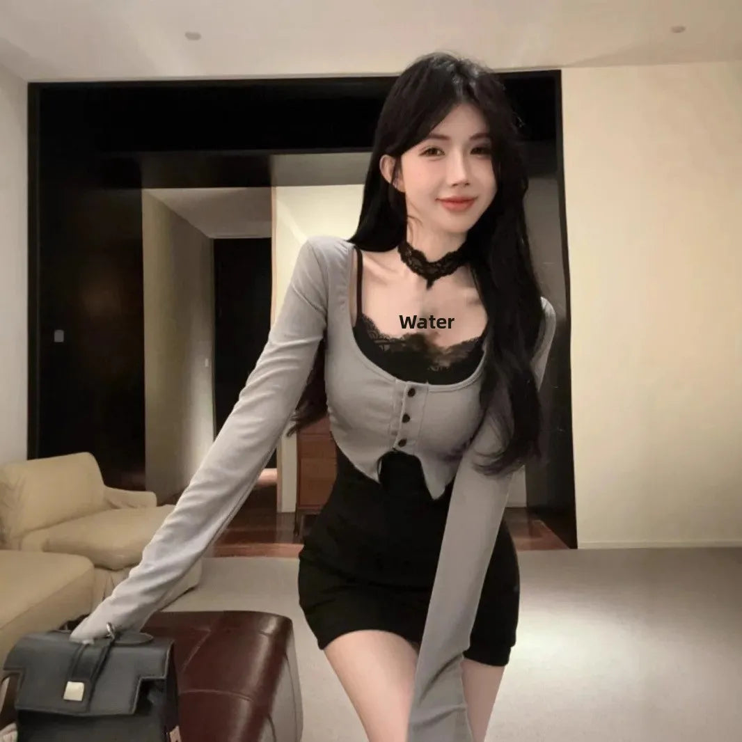 セクシーキャットガール スパイシーショートスカート 長袖レース ホールアウト ブラック バタフライノット ネックライン ミニドレス 中国ブランド