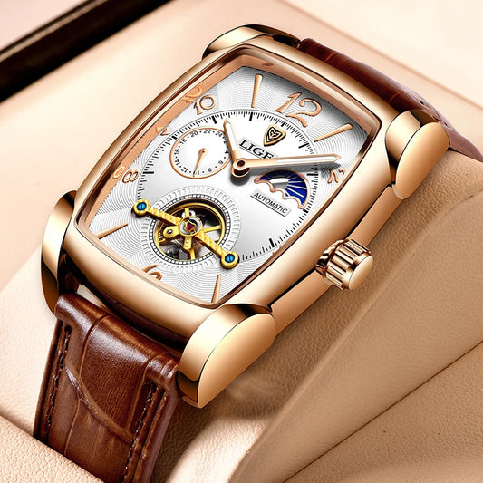 LIGE Fashion Automatic Watch For Men Top Brand Luxury Men's Mechanical Wristwatches Retro Sport Waterproof Tourbillon Watch Men