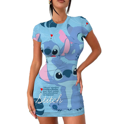 2022 Disney Stitch 3D Cartoon Print Tight Dress Short Sleeve Women's Tight Mini Dress Hip Print Kawaii beach party Women's Dress