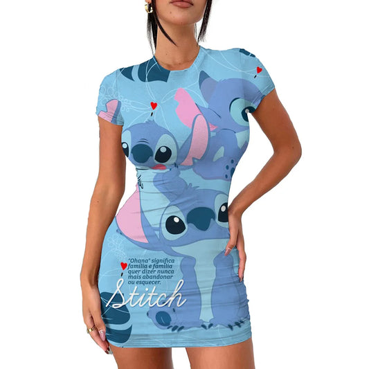 2022 Disney Stitch 3D Cartoon Print Tight Dress Short Sleeve Women's Tight Mini Dress Hip Print Kawaii beach party Women's Dress
