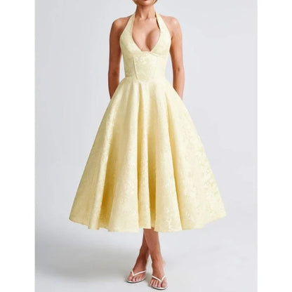 Deeptown Elegant Sexy Evening Party Dresses Women Korean Style Halter V-neck Dress Sweet Backless Yellow Summer Solid Midi Dress