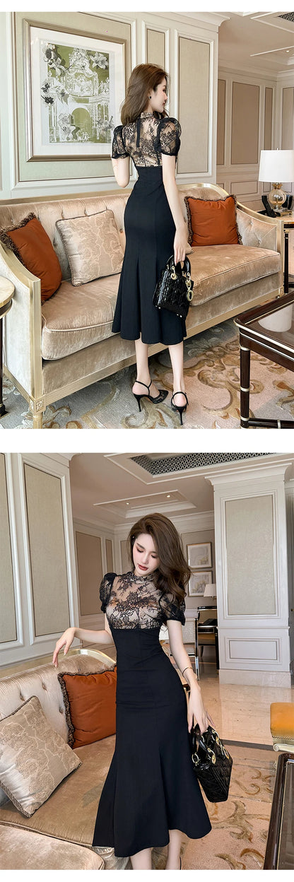 Elegant Style Long Dress Women Retro Chic Sexy Black Sheer Lace Spliced High Waist Fishtail Robe Femme Party Prom Vestidos Mujer