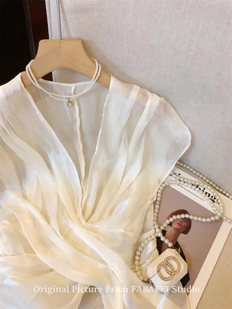 French Cross V-Neck Chiffon Blouse Women's Summer Premium Linen Sleeveless Irregular Tulle Top
