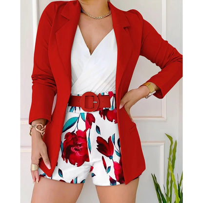 Summer Women 2 Pieces Outfit Long Sleeve Blazer and Floral Print Casual Shorts Set With Belt