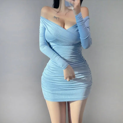 韓国風 春夏 スリムフィット 長袖 ベースレイヤー ミニドレス セクシーでスタイルアップ 快適なボディコンワンピース