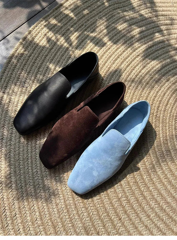 Loafers Woman Genuine leather Comfortable  Commuter Work Shoes Fashionable Summer Schoenen Dames Sliders Square Head Flat Shoes