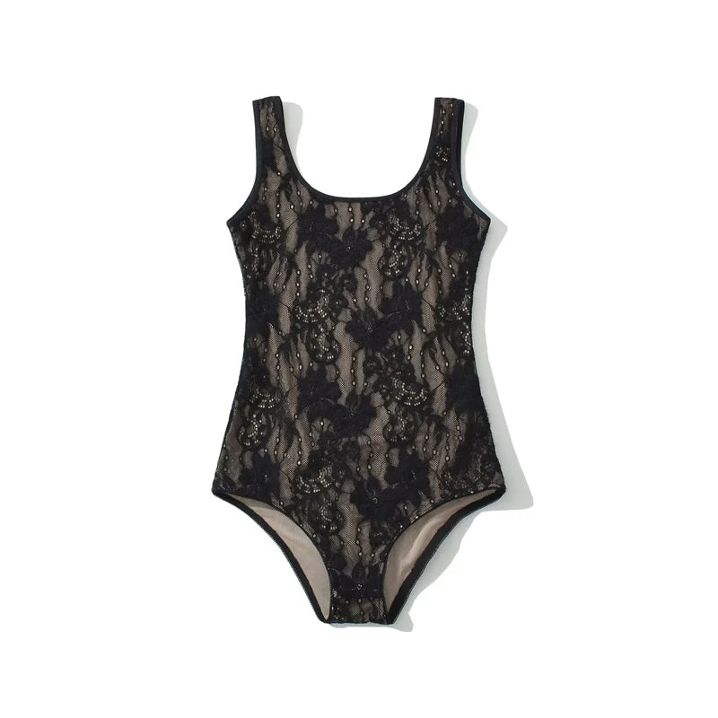 Women's Tank Double Layer Lace Bodysuit With Low Back Detail