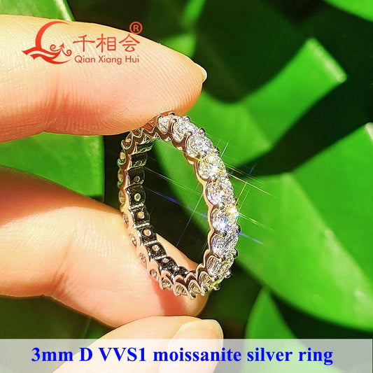 0.1ct 3mmまたは2mmラウンドD VVSモアサナイト フルエタニティバンドリング 925スターリングシルバージュエリー 女性用 エンゲージメント ギフト パーティー デート