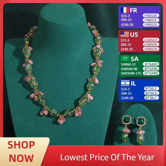 Pink Bowknot Jewelry Set Bride Natural Stone Crystal Necklace Earrings For Women Green Glass Beads Sweet Collar Accessories 2025