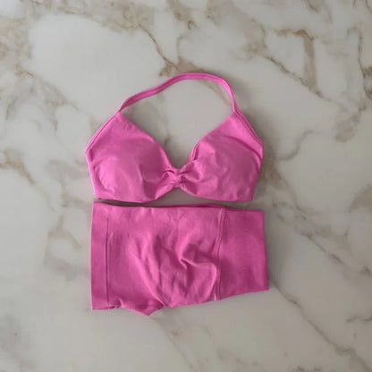 Gym Set Women Two Piece Strappy Yoga Bra Top Workout Scrunch Shorts Suit Fitness Clothes Seamless Sportswear Workout Set