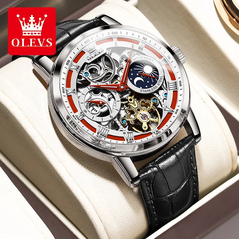 OLEVS Brand New Luxury Moon Phase Tourbillon Watch for Men Leather Strap Waterproof Fashion Skeleton Mechanical Watches Mens