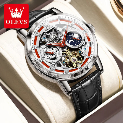 OLEVS Brand New Luxury Moon Phase Tourbillon Watch for Men Leather Strap Waterproof Fashion Skeleton Mechanical Watches Mens
