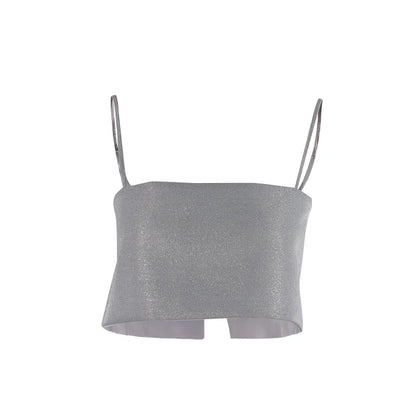 Women Silver Shining Sequin Camisole Summer Fashion Sexy Low Cut Suspender Tops Crop